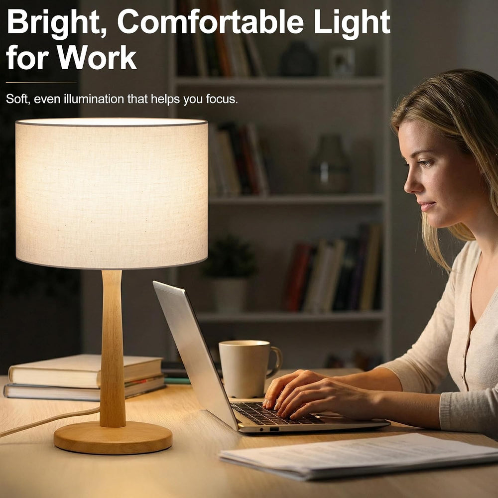 16.3” Natural Wood Table Lamp with Linen Drum Shade, E26 Base, Cream