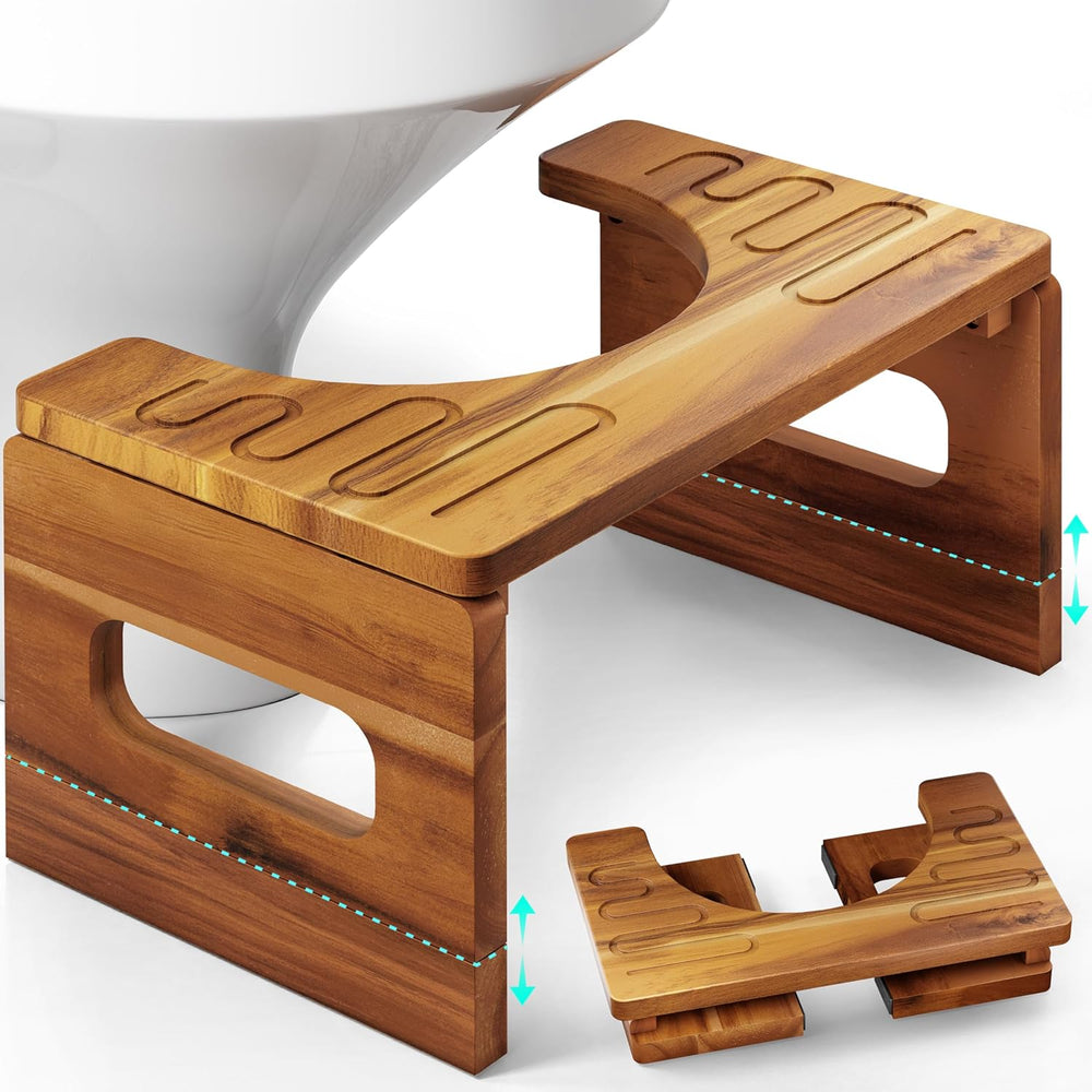 BLUEWEST Foldable Toilet Stool, 7 and 9 Inch Adjustable Height, Acacia Wood
