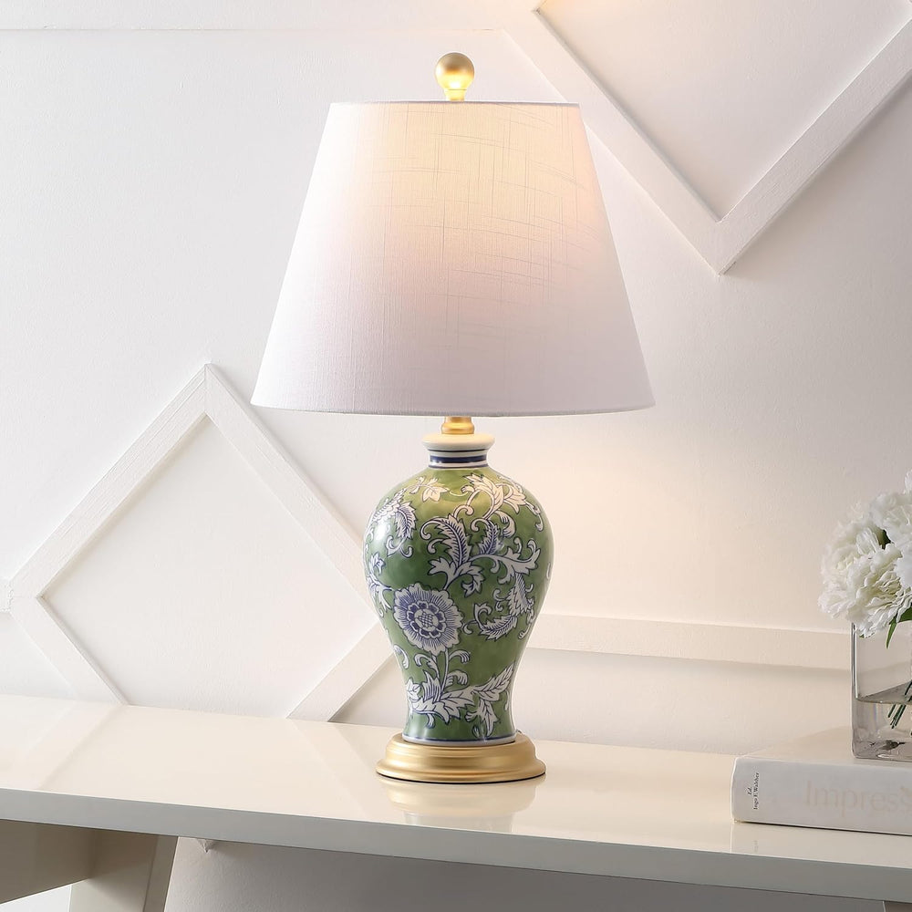 JONATHAN Y Grace 24" French Country Floral Urn Ceramic Lamp, Green/White