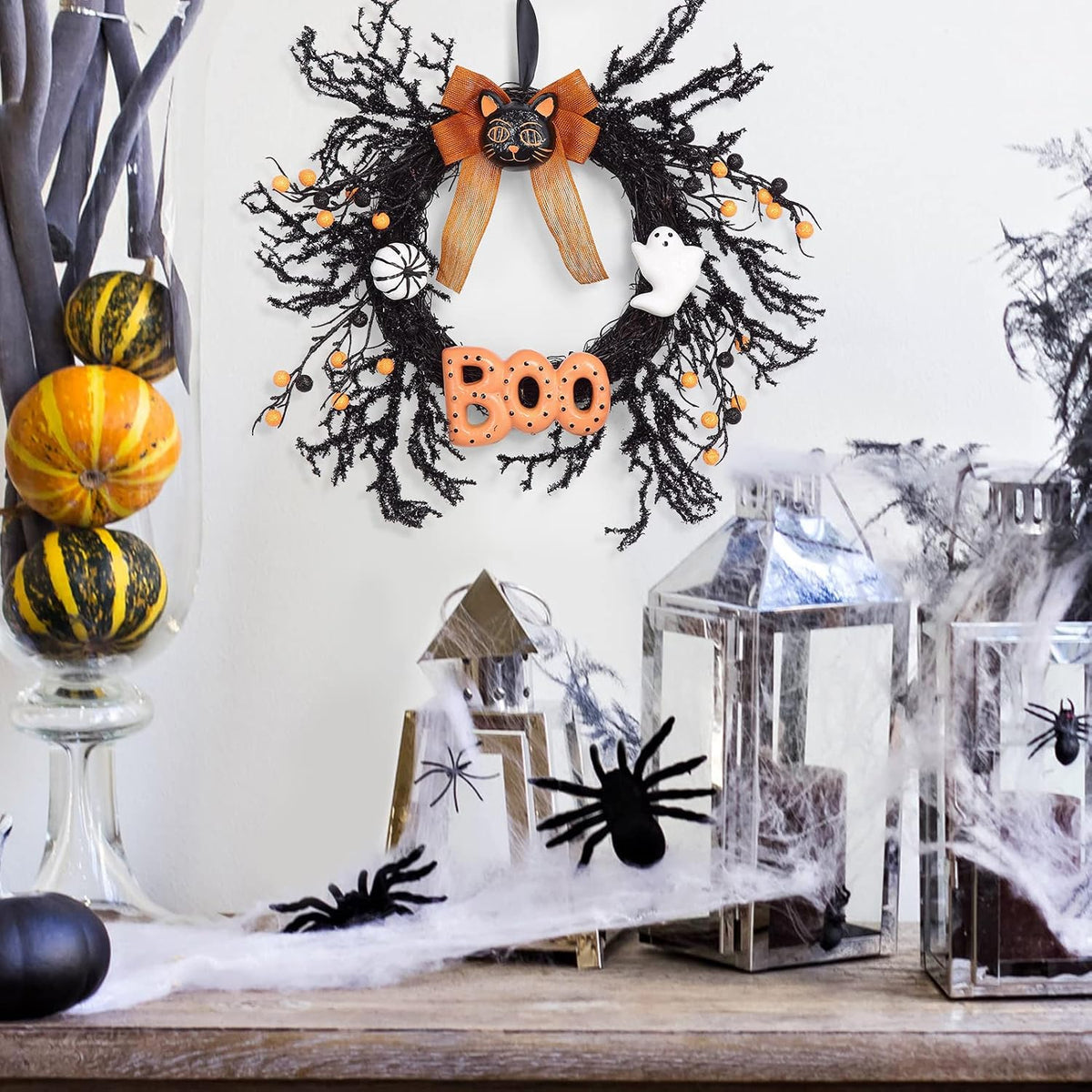Halloween Wreaths for Front Door, 18Inch Halloween Wreath with Black Cat Boo Sign White Pumpkin and Ghost for Indoor Outdoor Window Proch Halloween Decoration