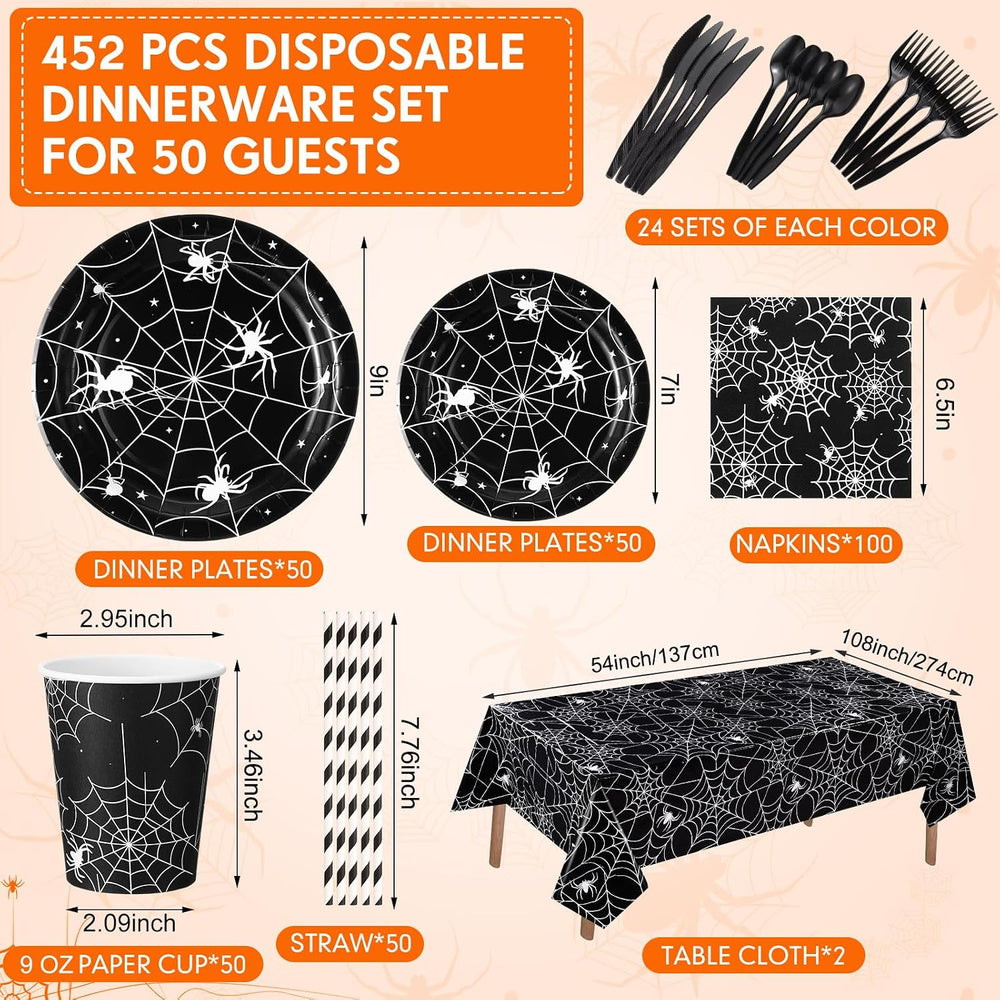 Funnymoom 452 Pcs Halloween Spiderweb Party Supplies Tableware for 50 Guest