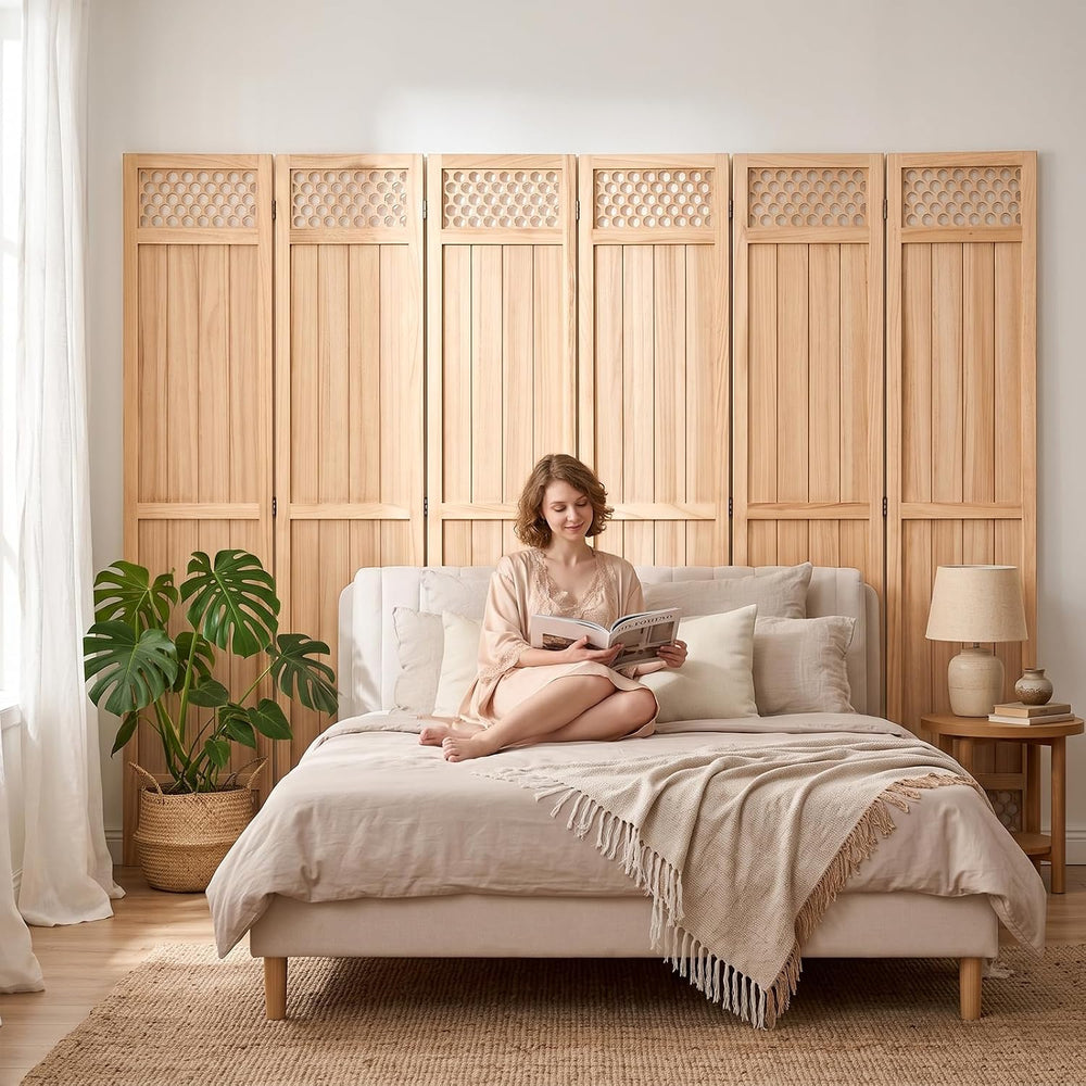 Wood Room Divider Privacy Screen, Natrual Carved Room Divider 6 Panel 67"