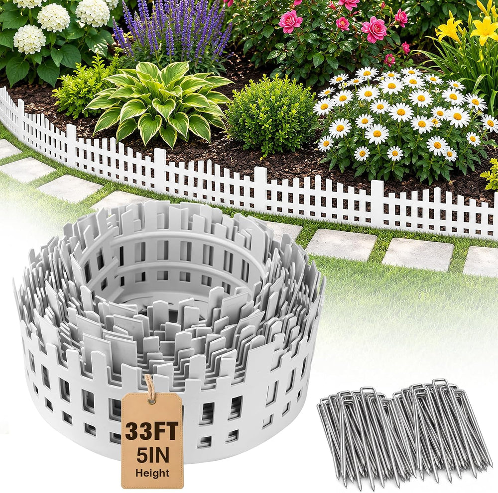 MIXC Garden Edging Border, 5IN 33FT White Garden Fence with 50 Metal Stake