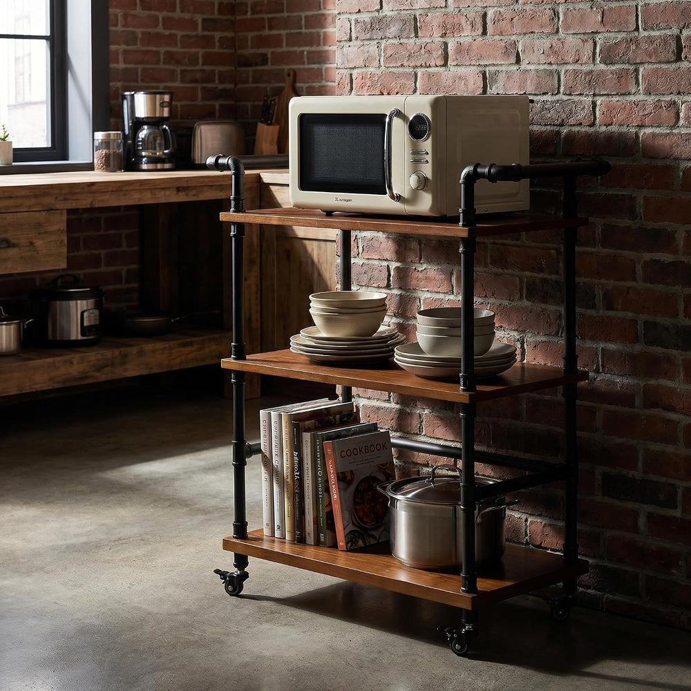 Industrial Pipe Bar Carts, Solid Wood Serving Carts, Rolling Kitchen Carts