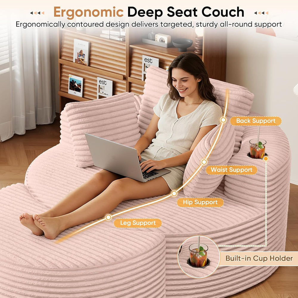 Oversized Round Chaise Longue Chair with Ottoman, Modern Corduroy Deep Seat C...