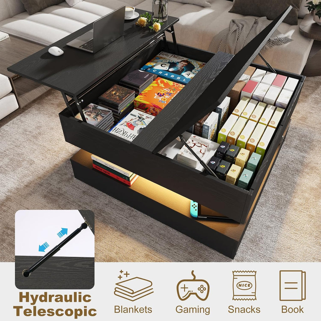 35.4" Large Square Coffee Table with Lifting top,Charging Station,Modern 2-Tier Square Center Table w/Hidden Compartment Storage,Tea Table with Wood Grain for Living Room, Office,Black