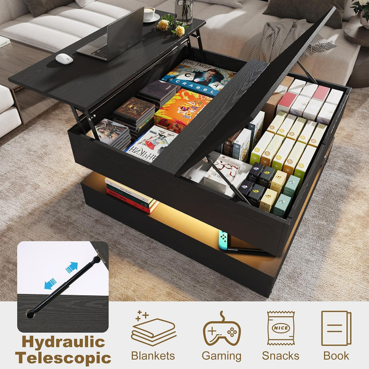 35.4" Large Square Coffee Table with Lifting top,Charging Station,Modern 2-Tier Square Center Table w/Hidden Compartment Storage,Tea Table with Wood Grain for Living Room, Office,Black