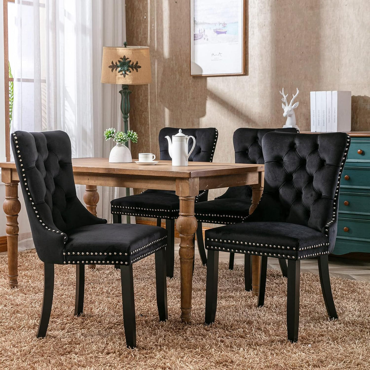 black velvet dining chairs set of 4, tufted, side view