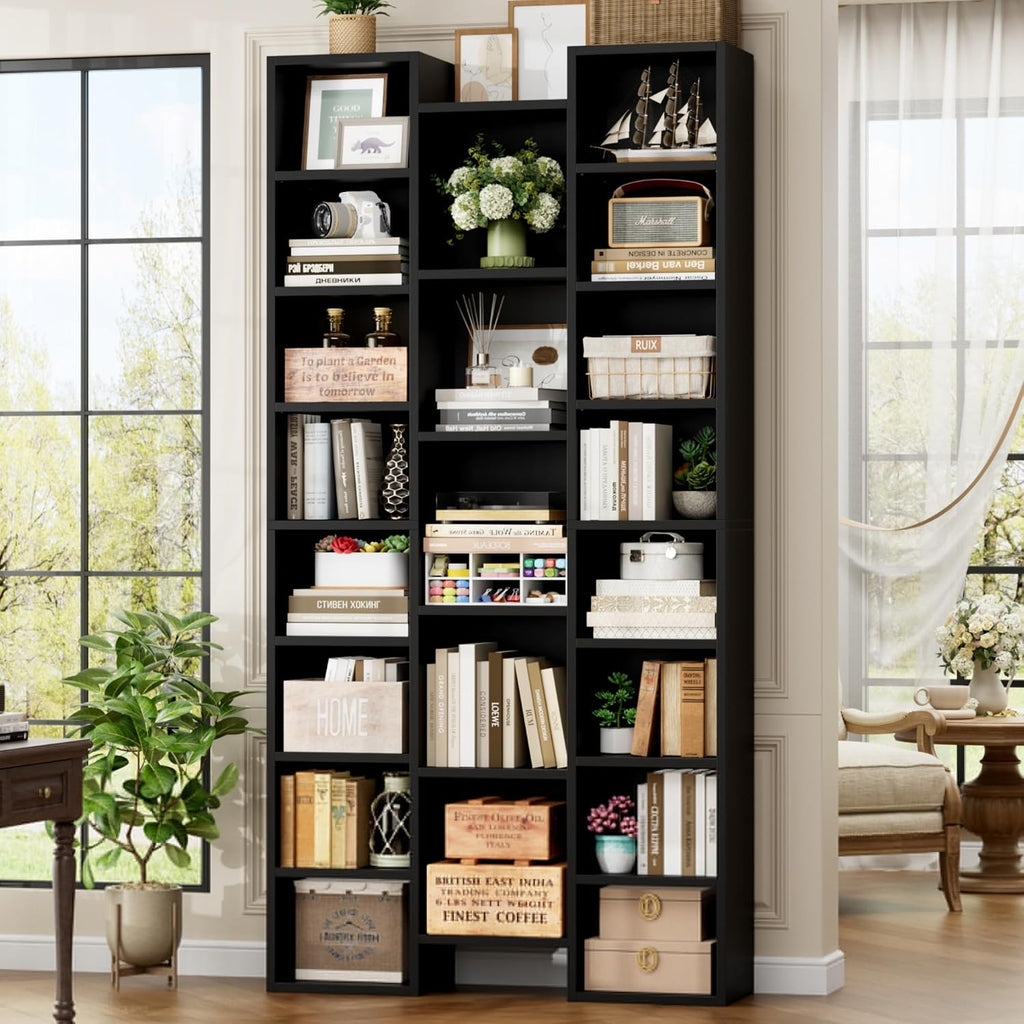 FOTOSOK 71'' H Black Bookshelf with 21 Cubes, Triple Wide Tall Bookshelf