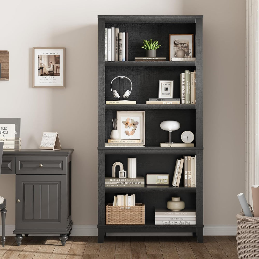 IDEALHOUSE 71" Tall Farmhouse Bookshelf with Adjustable Shelves(Black)