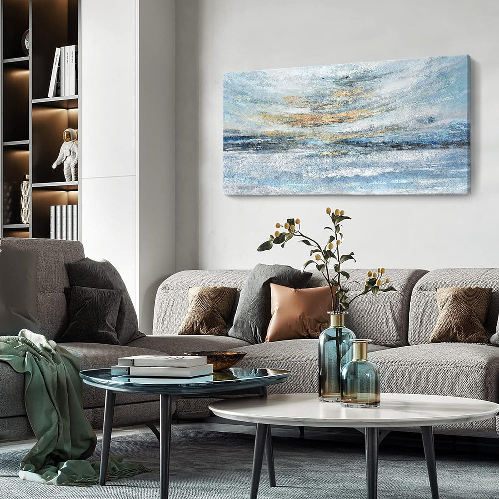 Nicetop Large Ocean Canvas Wall Art 48x24 Abstract Coastal Blue Gold