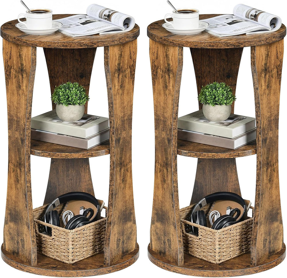 YATINEY Round Side Table Set of 2, 3-Tier Small End Table with Storage Shelve...