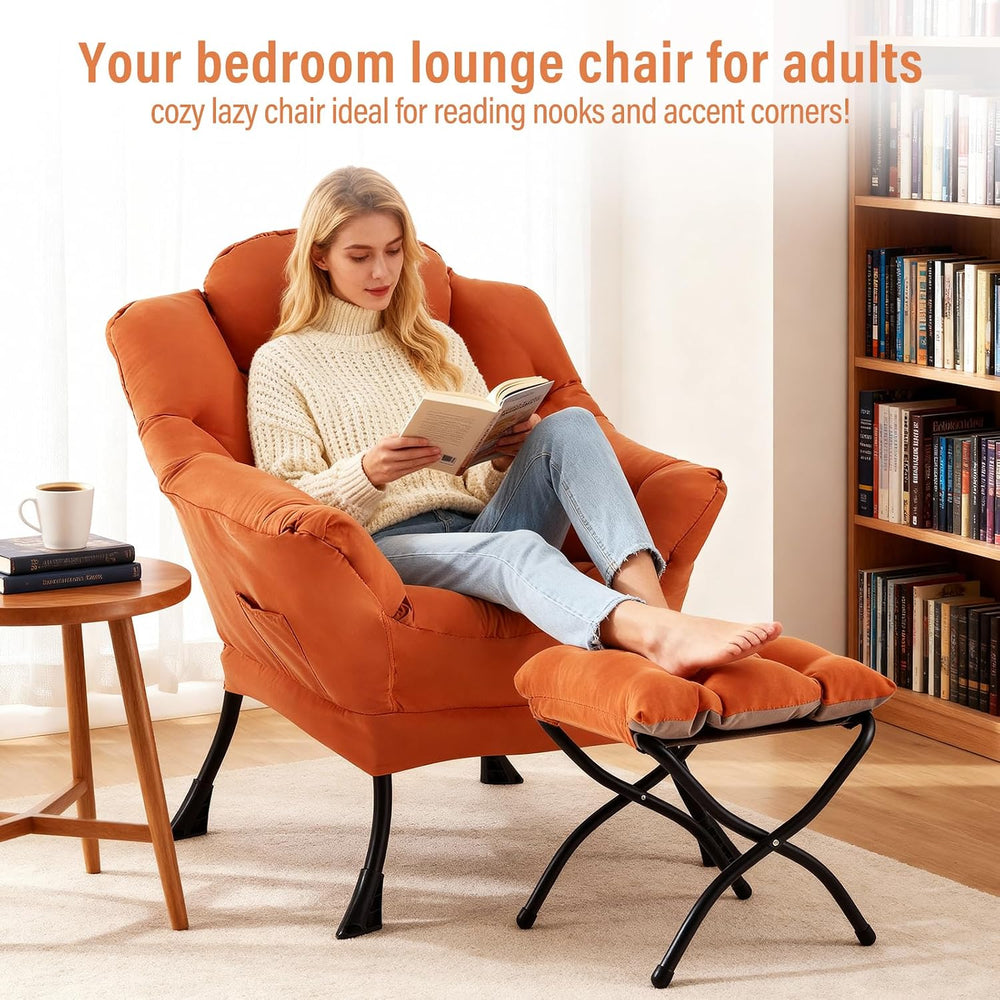 Furlide Lazy Chair with Ottoman, Soft Comfy Chair for Bedroom, Orange