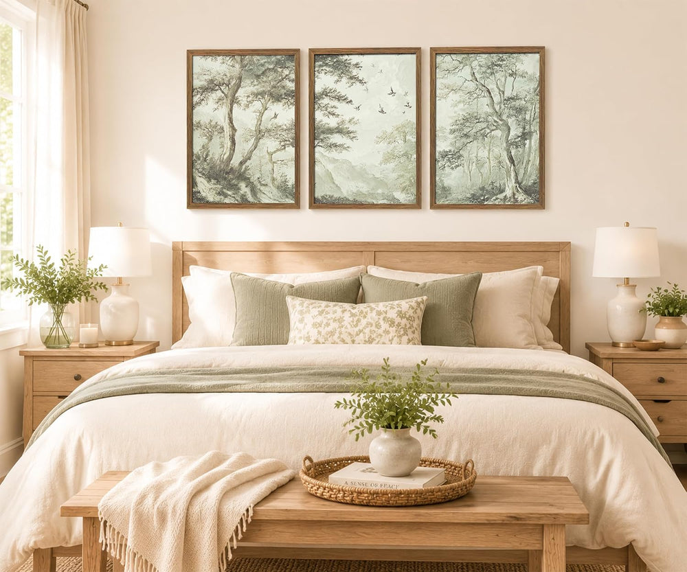 Botanical Forest Wall Art Set of 3 Framed, Vintage Neutral Canvas Prints