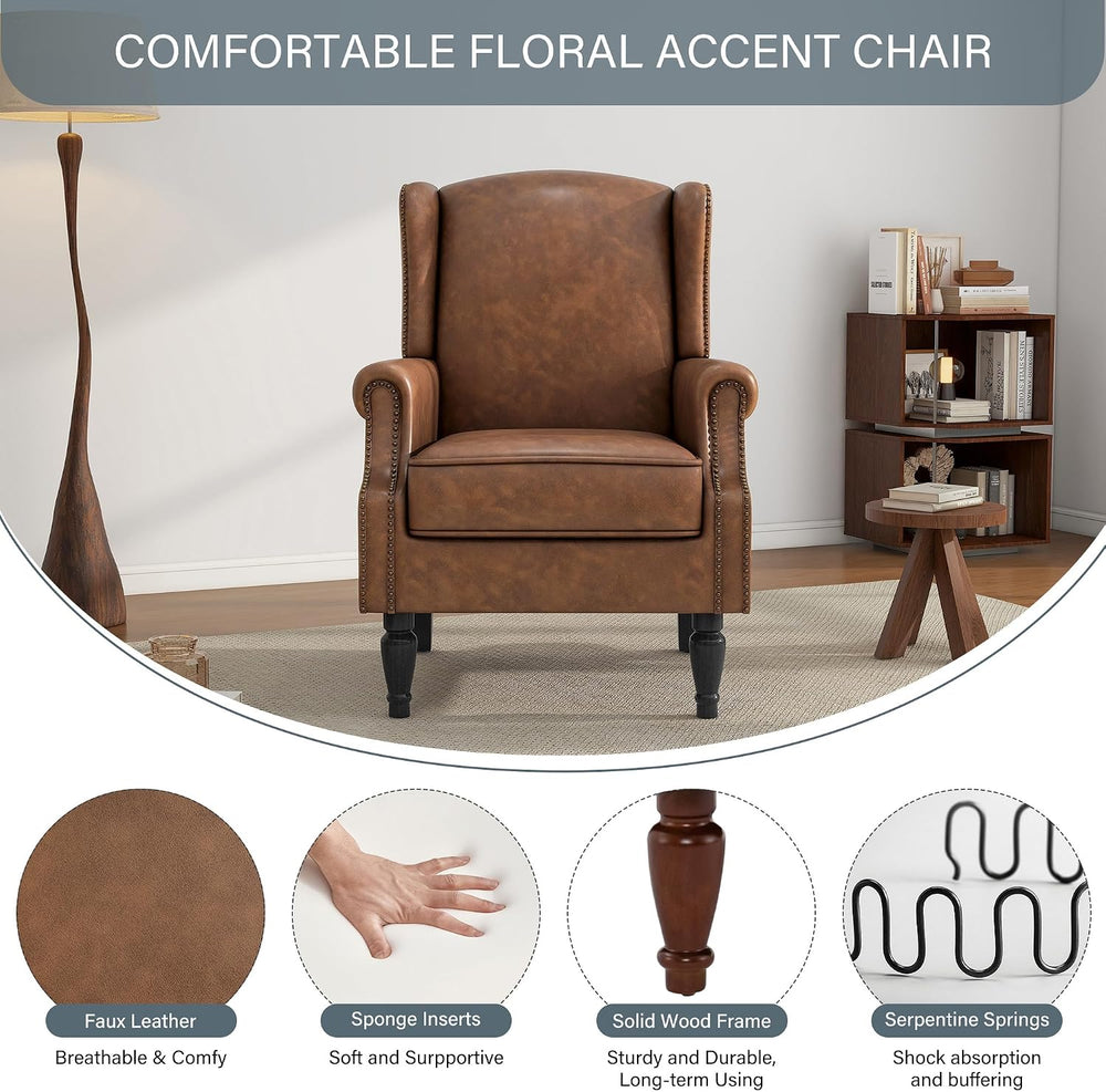 High Back Accent Chairs Set of 2, PU Leather Wingback Armchair, Brown