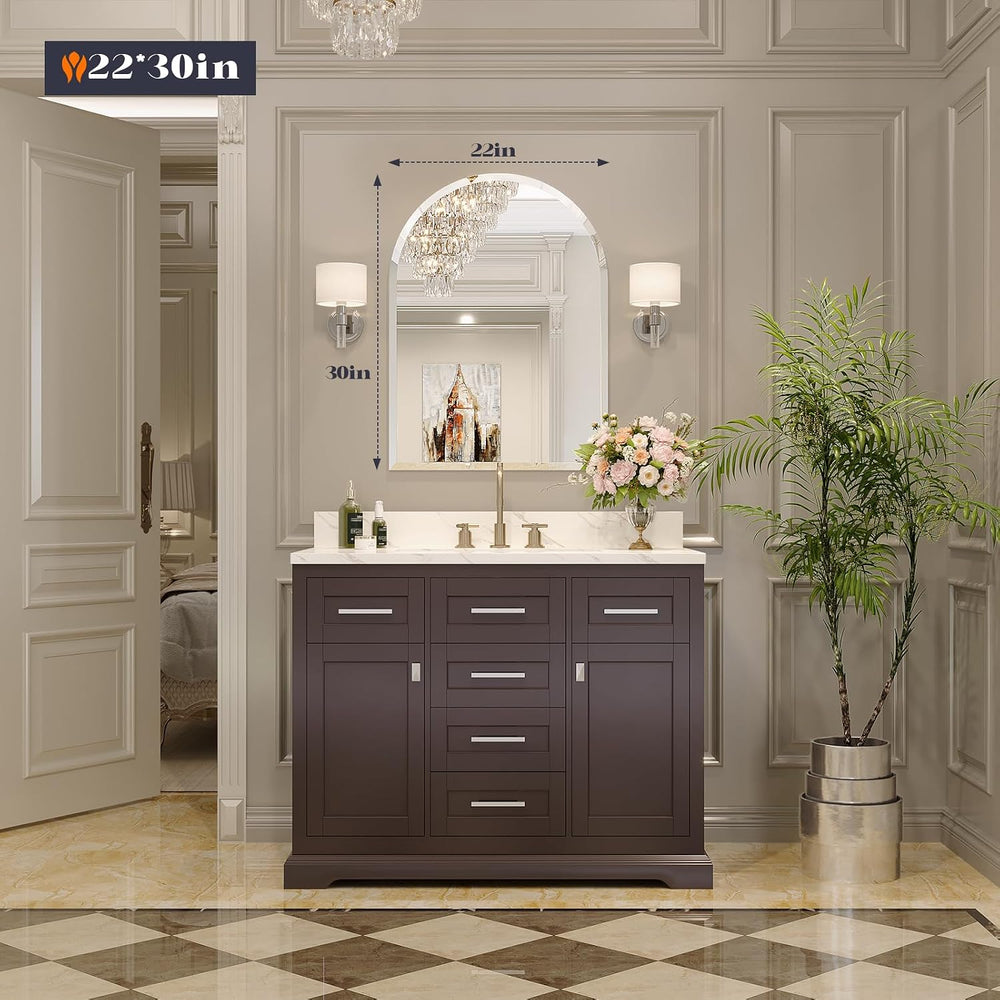 Frameless Bathroom Mirror, 22" x 30" Arched Beveled Vanity Mirror f...