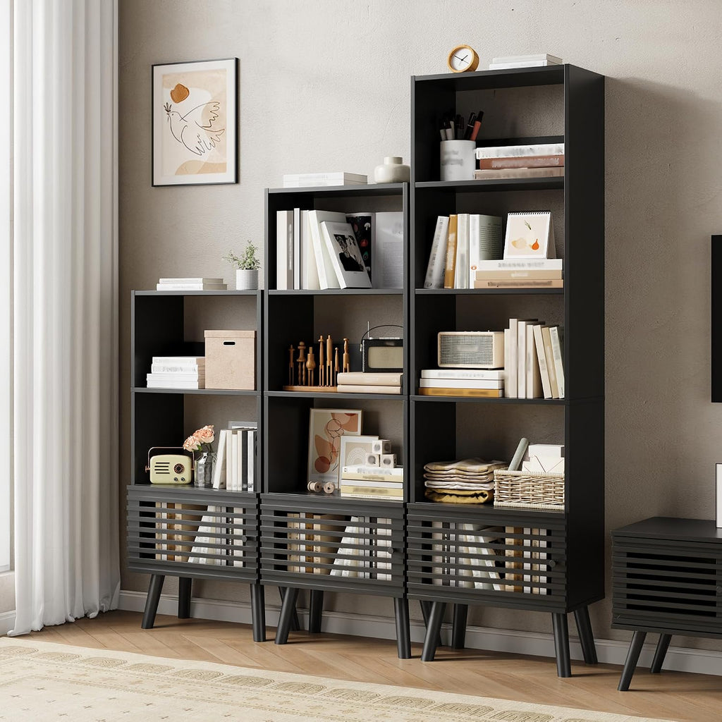 Furnify 4-Tier Narrow Bookcase with Open Shelf and Slatted Door, Black