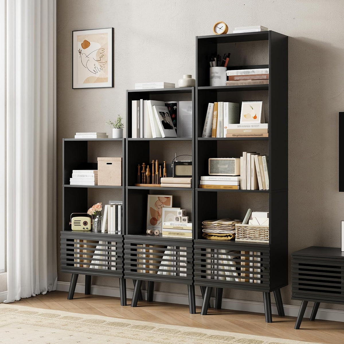 Furnify 4-Tier Narrow Bookcase with Open Shelf and Slatted Door, Black