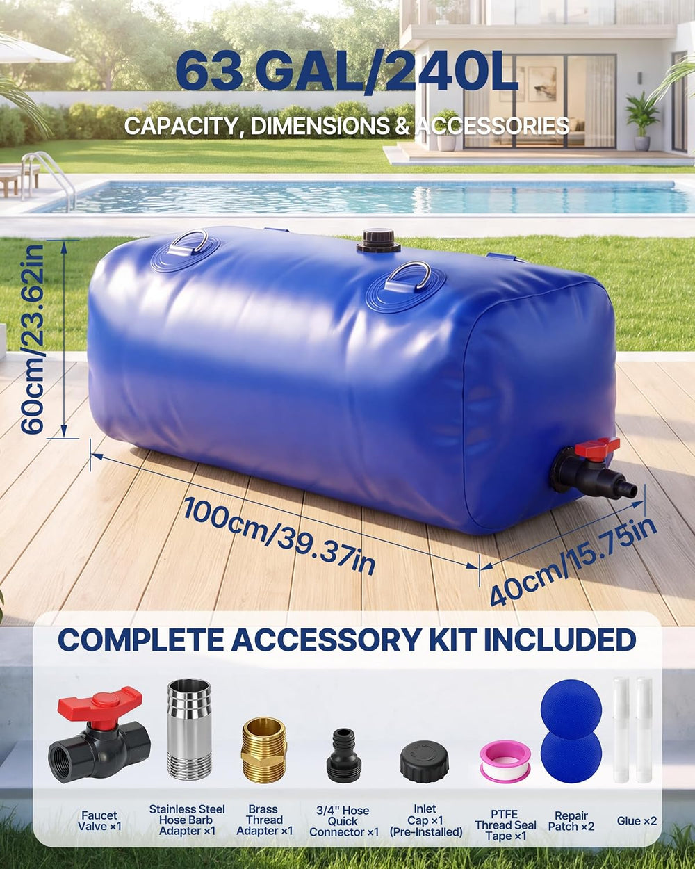 63 Gal / 240 L Water Bladder Tank, Portable Collapsible Water Storage Bag