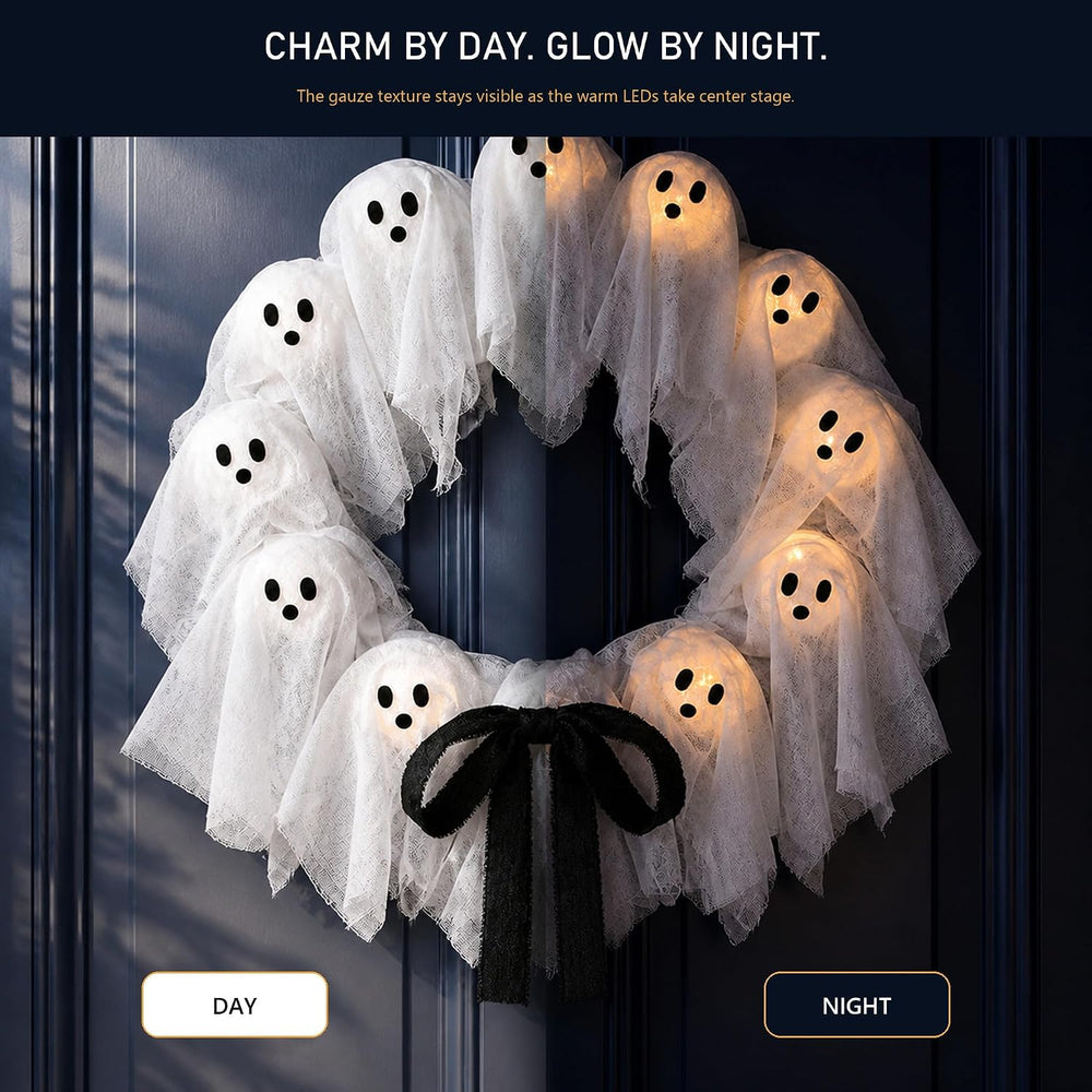 Ghost Wreath, Front Door Halloween Decor, 22-Inch Lit with Remote and Timer