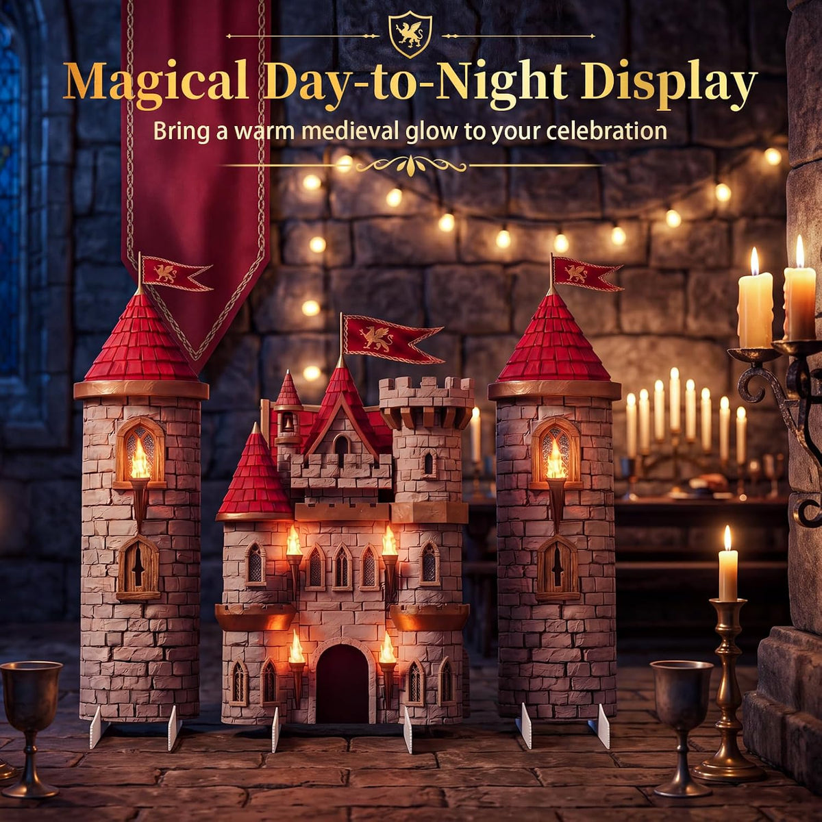 Novabright 3 Pcs Medieval Castle Backdrop Stand with Bases, Large Stone Knight and Castle Party Decorations, Freestanding Corrugated Plastic Photo Booth Props for Birthday Halloween Dragon Party