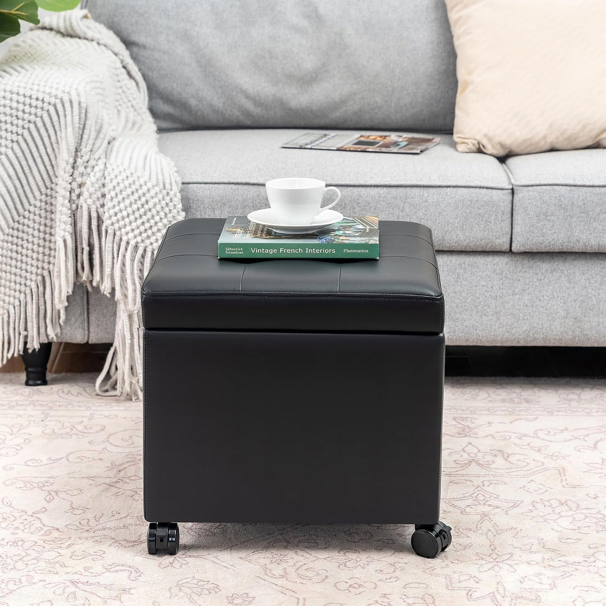 Adeco 17" Storage Ottoman Modern Tufted Faux Leather with Wheels, Black