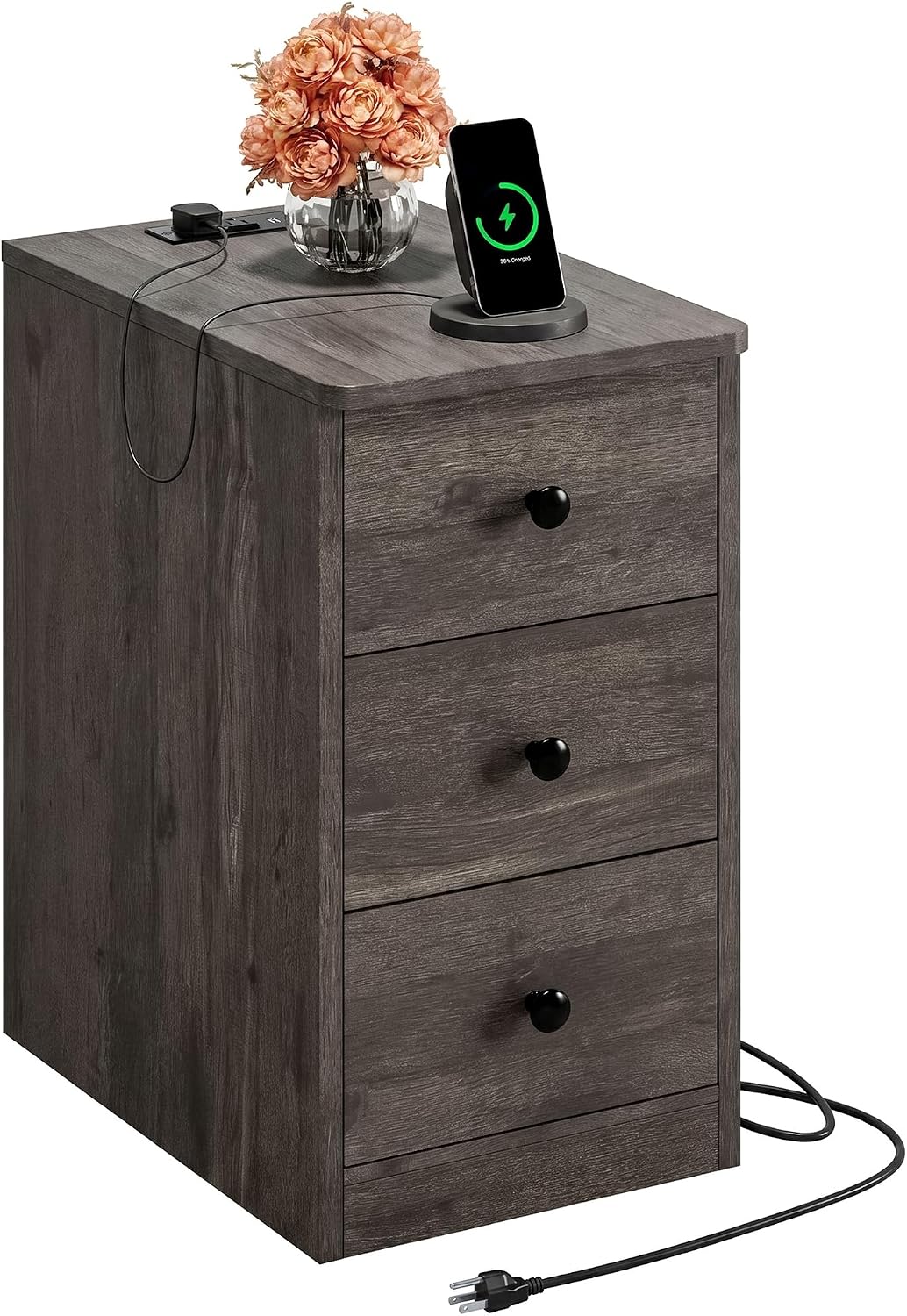 LIKIMIO Nightstand with Charging Station, 3 Drawers Modern for Bedroom