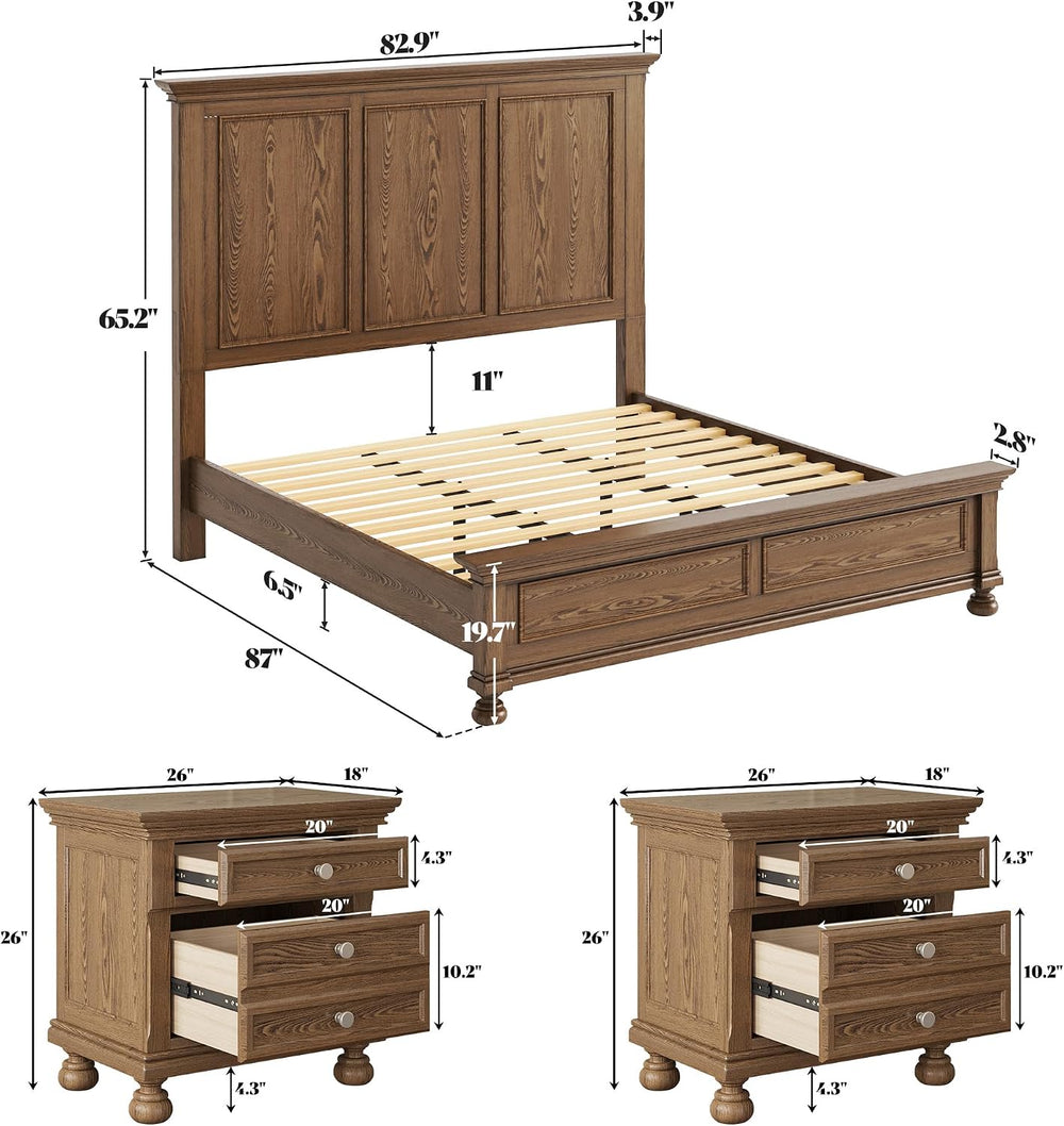 AMERLIFE Solid Wood 3-Piece Set, King Bed & 2 Nightstands, Light Brown