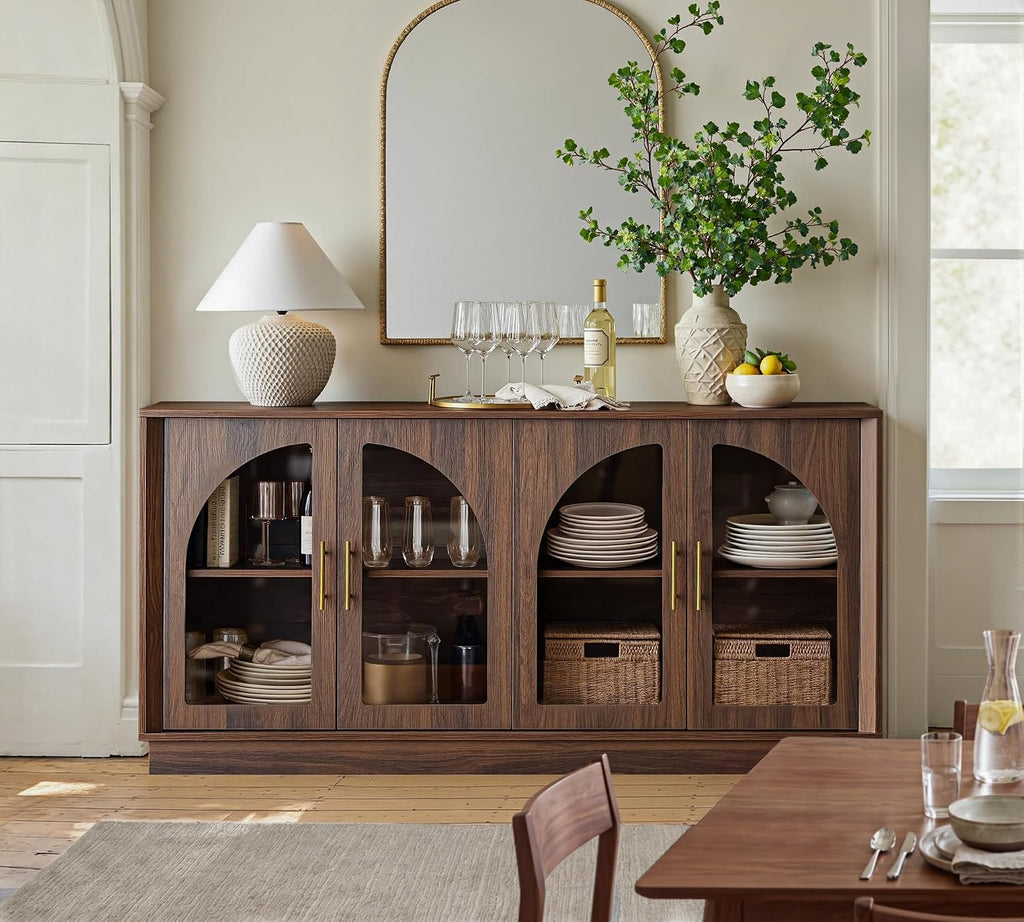 FORTUNETEC 64" Sideboard Buffet Cabinet with Arched Glass Doors,Dark Walnut