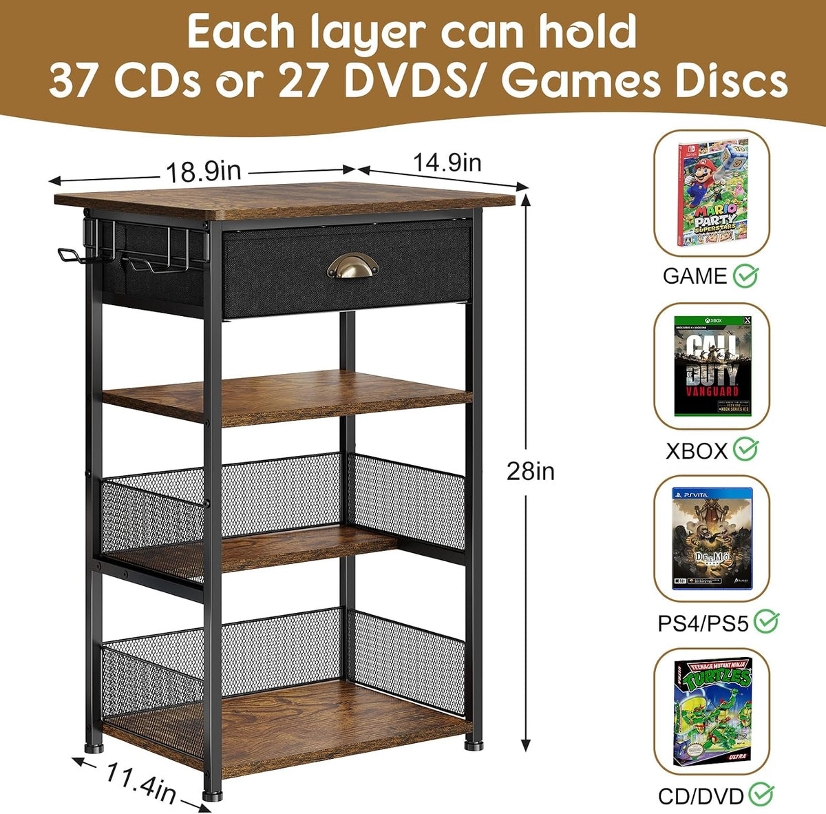 Hongtamoya 4-Tier AV Media Stand with Drawer, Gaming Console Shelf
