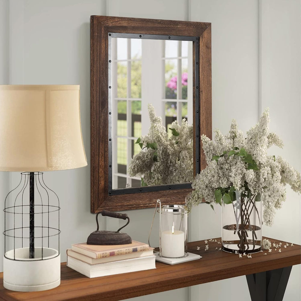 YOSHOOT Rustic Wooden Framed Wall Mirror, 40"x30", Natural Wood and...