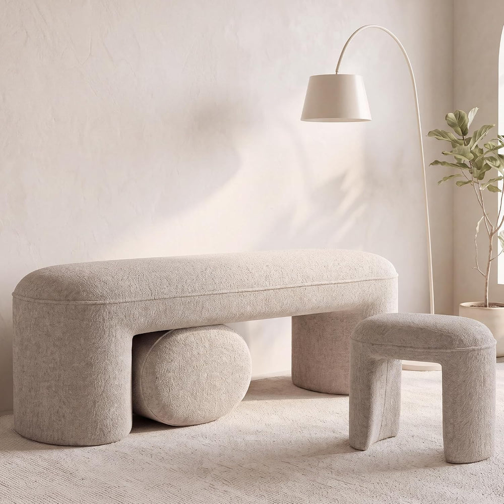 53" Chenille Ottoman Bench with 2 Nesting Ottomans, Oatmeal