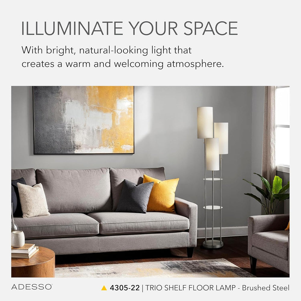 Adesso 3-Light Shelf Floor Lamp, Brushed Steel & White, Storage, 68”