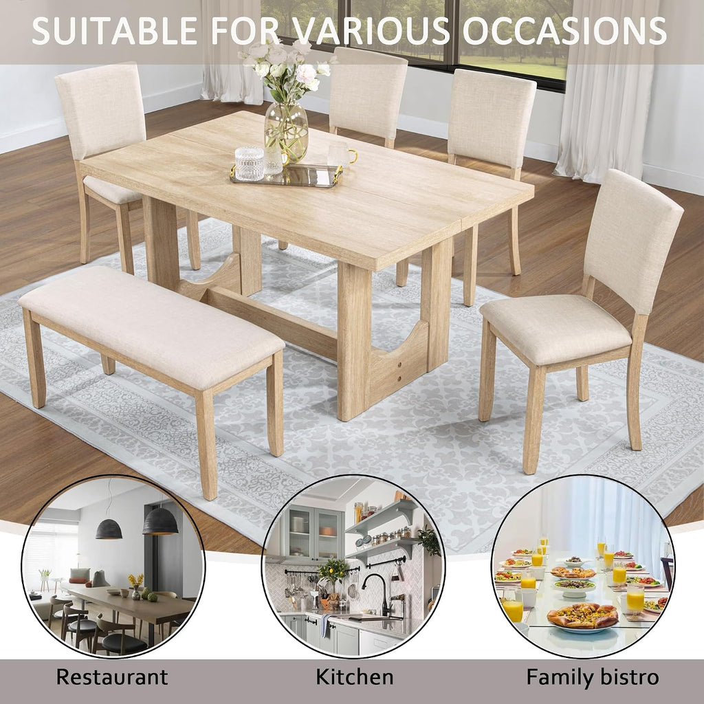 Merax Farmhouse Rectangular Dining Table with U-Shaped Base, 4 Upholstered Chairs and Bench for Kitchen Living Room, Light Oak+Beige (6 Piece)