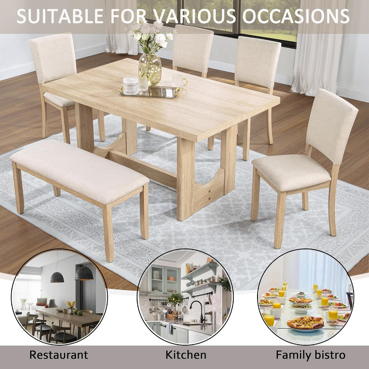 Merax Farmhouse Rectangular Dining Table with U-Shaped Base, 4 Upholstered Chairs and Bench for Kitchen Living Room, Light Oak+Beige (6 Piece)