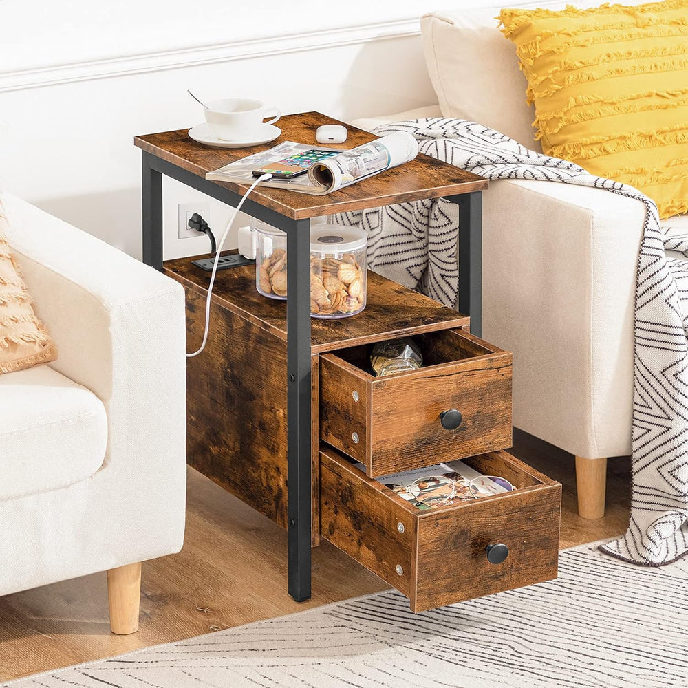 HOOBRO Set of 2 End Tables with Charging Station, Narrow Side Table with Draw...