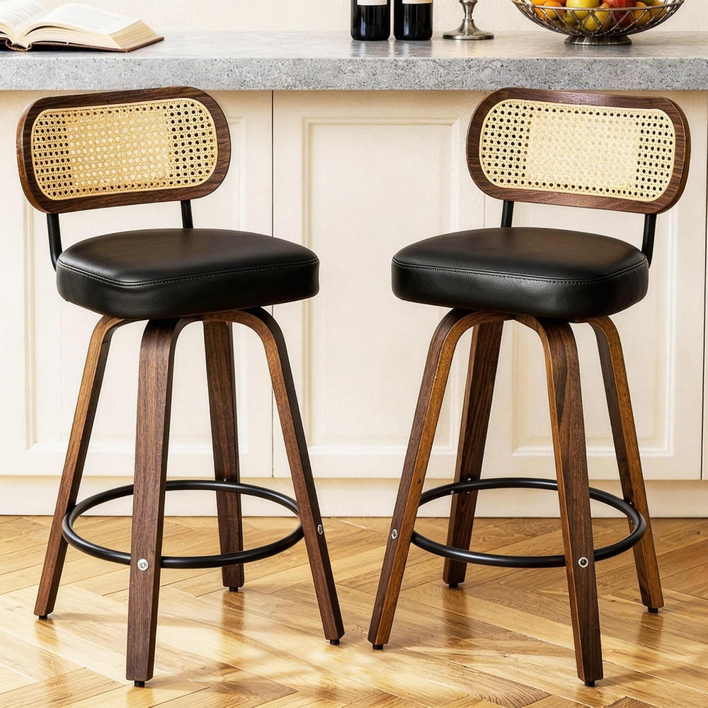 KEEZY Natural Rattan Bar Stools Set of 2, 26 Inch Counter Height Barstools wi...