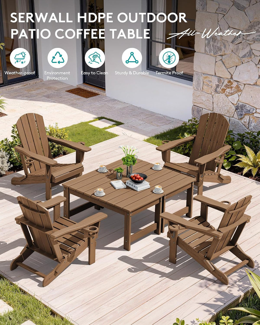 SERWALL HDPE Outdoor Coffee Table with Umbrella Hole, Brown