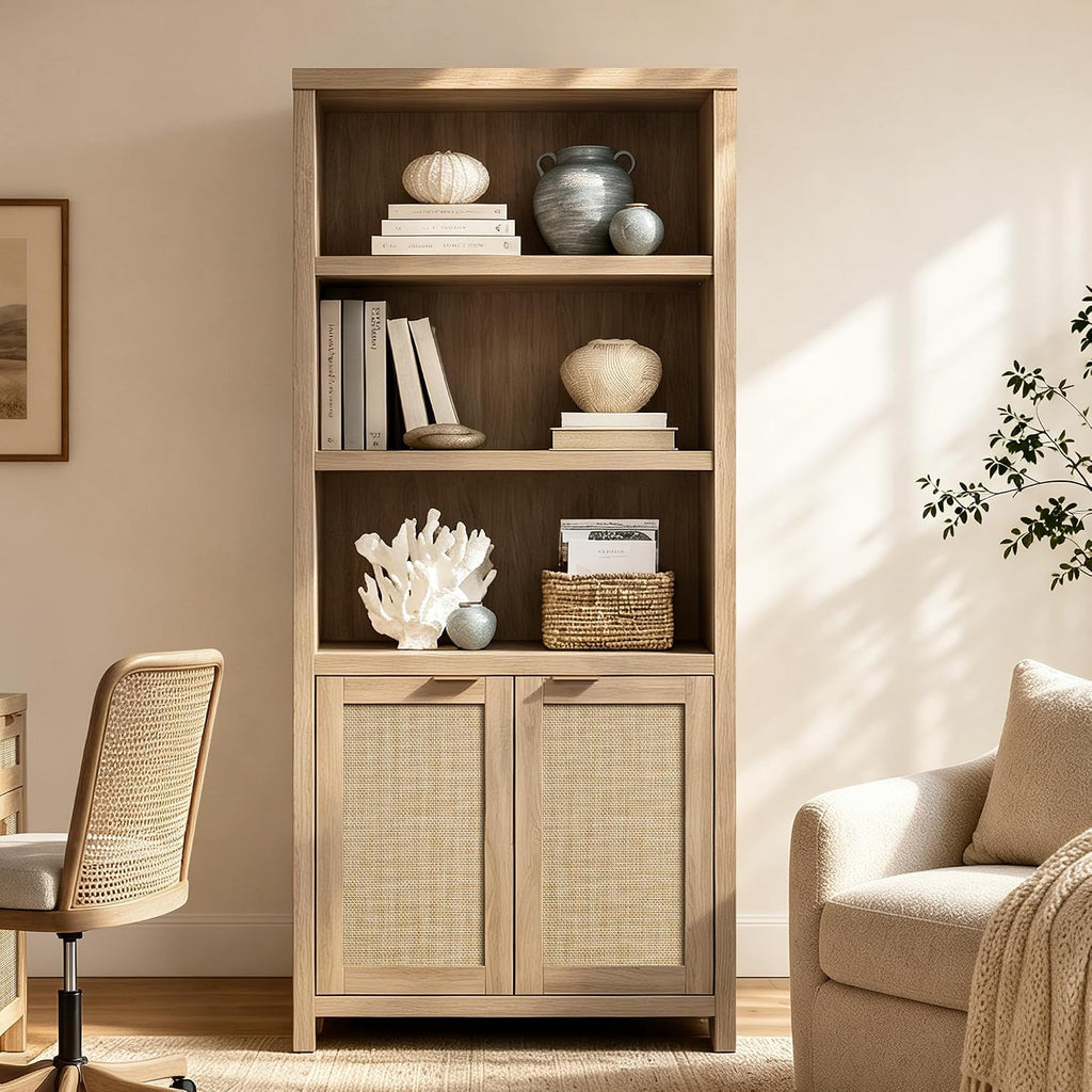 SICOTAS 71" Tall Bookcase 5 Tier Rattan Bookshelf with Doors for Library
