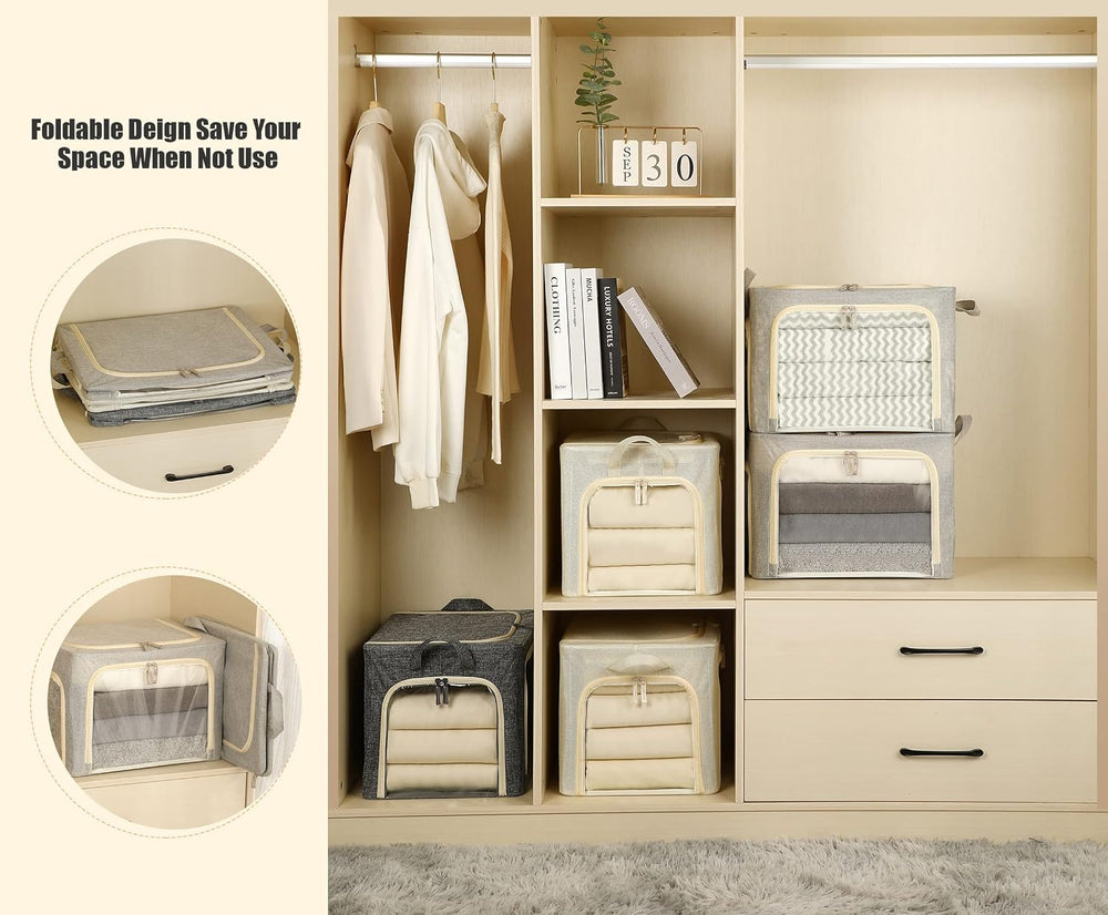 3 Openings Clothes Storage Bins with Metal Frame, Foldable Storage Bin for Cl...