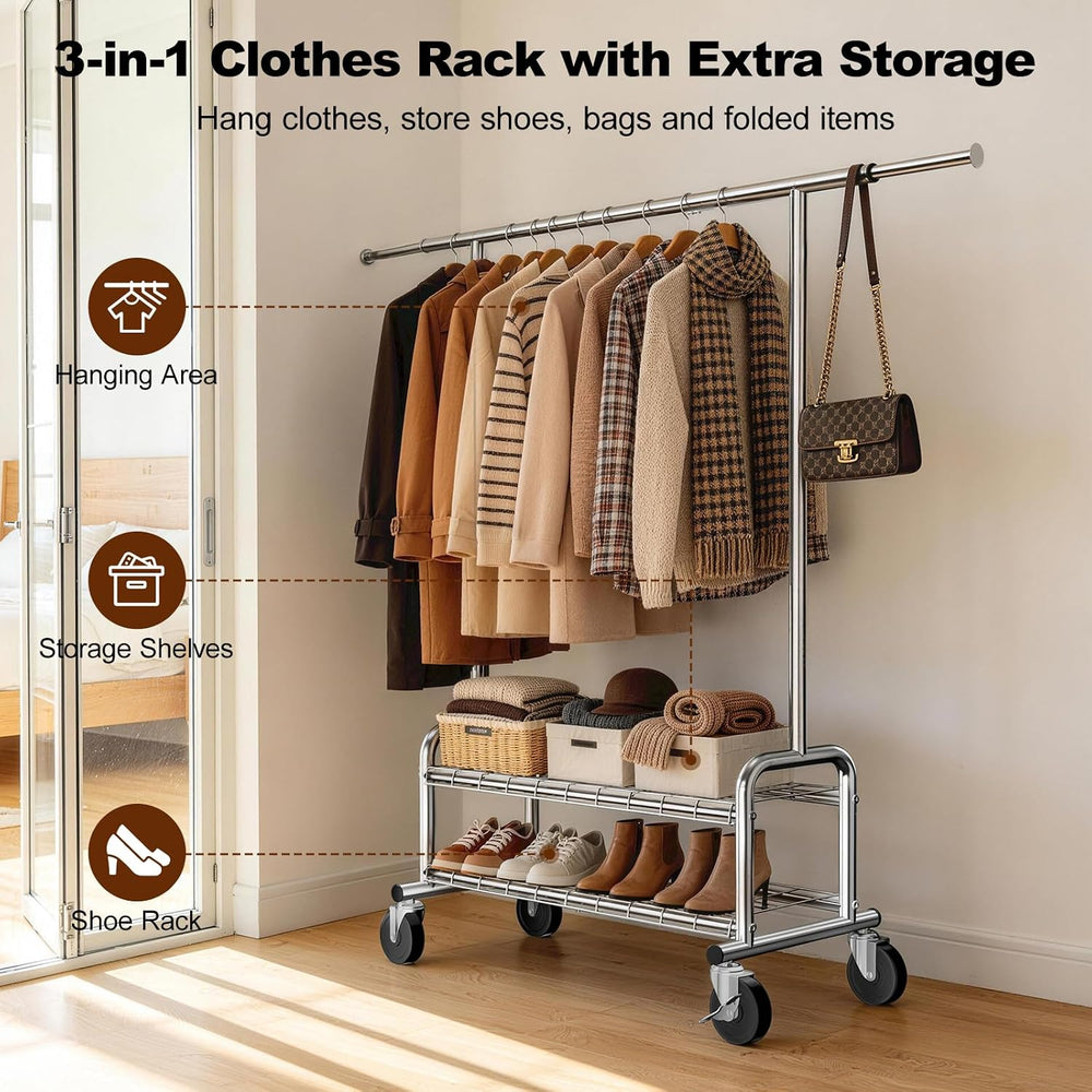 Clothes Rack Heavy Duty, 550 LBS Rolling Clothing Rack with Wheels, Silver
