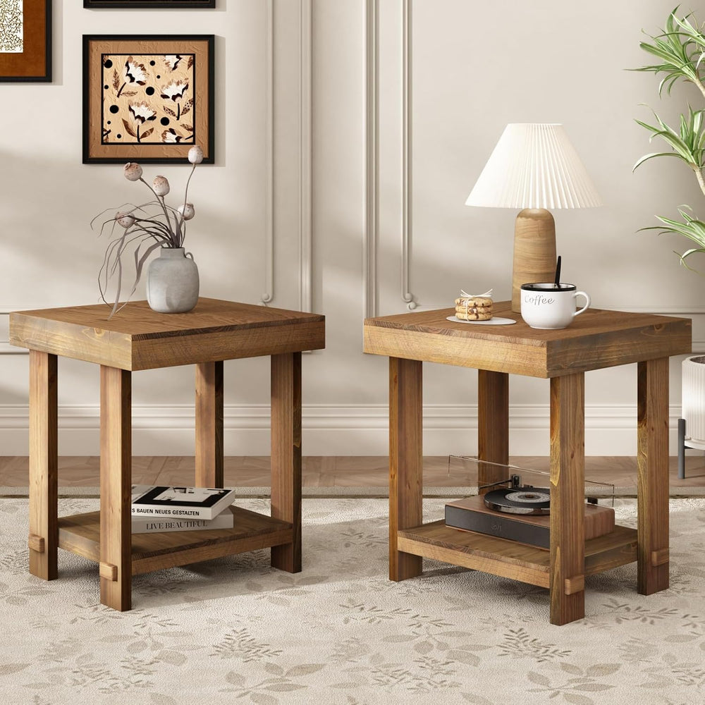 HOKYHOKY Set of 2 Solid Wood End Table, 2-Tier Farmhouse Side Table