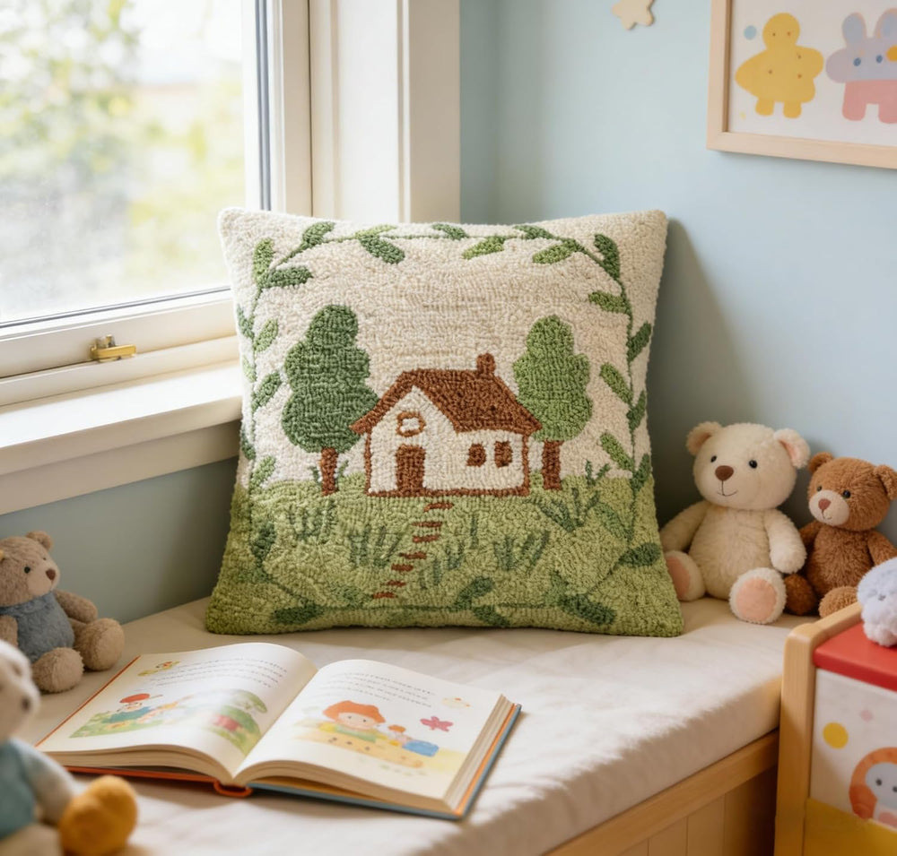 Cottage Tree Scene Hand-Hooked Throw Pillow Cover 16x16