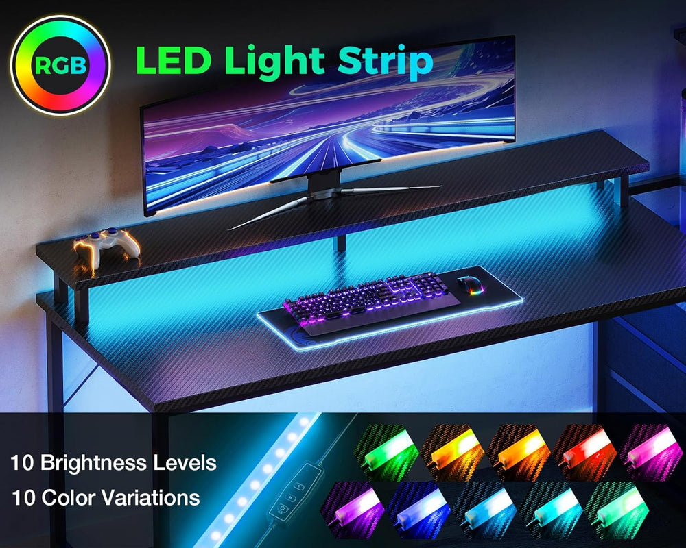 AODK Gaming Desk w/PC Showcase Stand, 59" Reversible, RGB LED