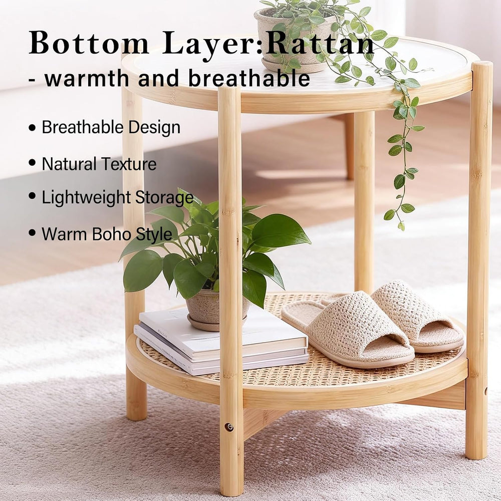 Tiita Rattan Side Table, Modern Round Bamboo End Table, Glass Top, Wood