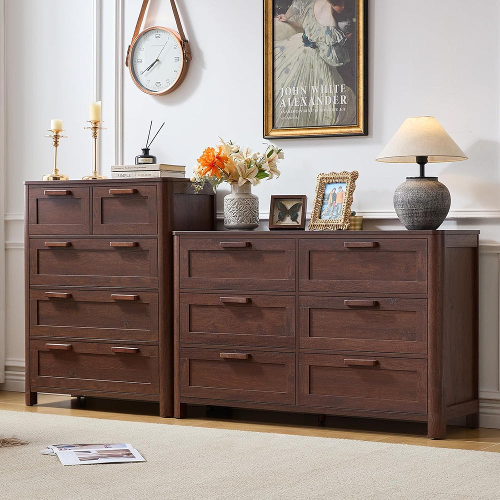 Joaxswe Farmhouse Dresser and Nightstand Sets 4 Piece, Walnut