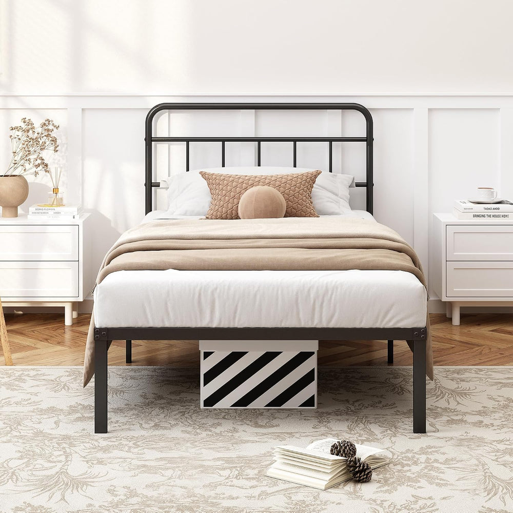 Kujielan 12 inches Twin Bed Frame with Minimalist headboard, Black