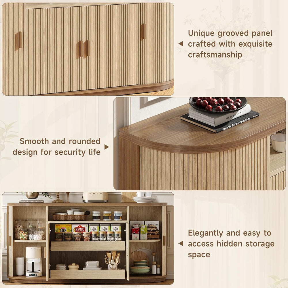 ONBRILL 63"Sideboard Buffet Cabinet with Storage,Modern Fluted Credenza,Oak