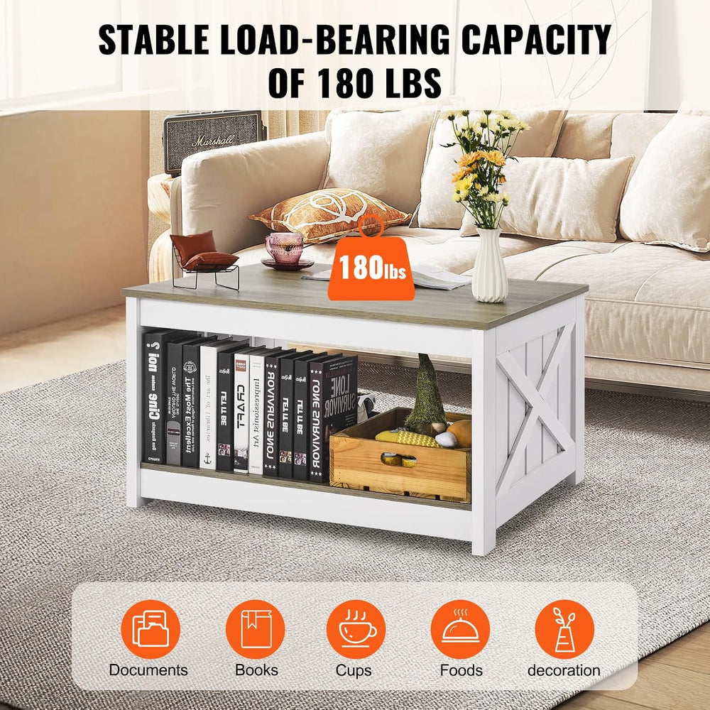 VEVOR 31.5" Farmhouse Coffee Table, Square Coffee Table with Open Storag...