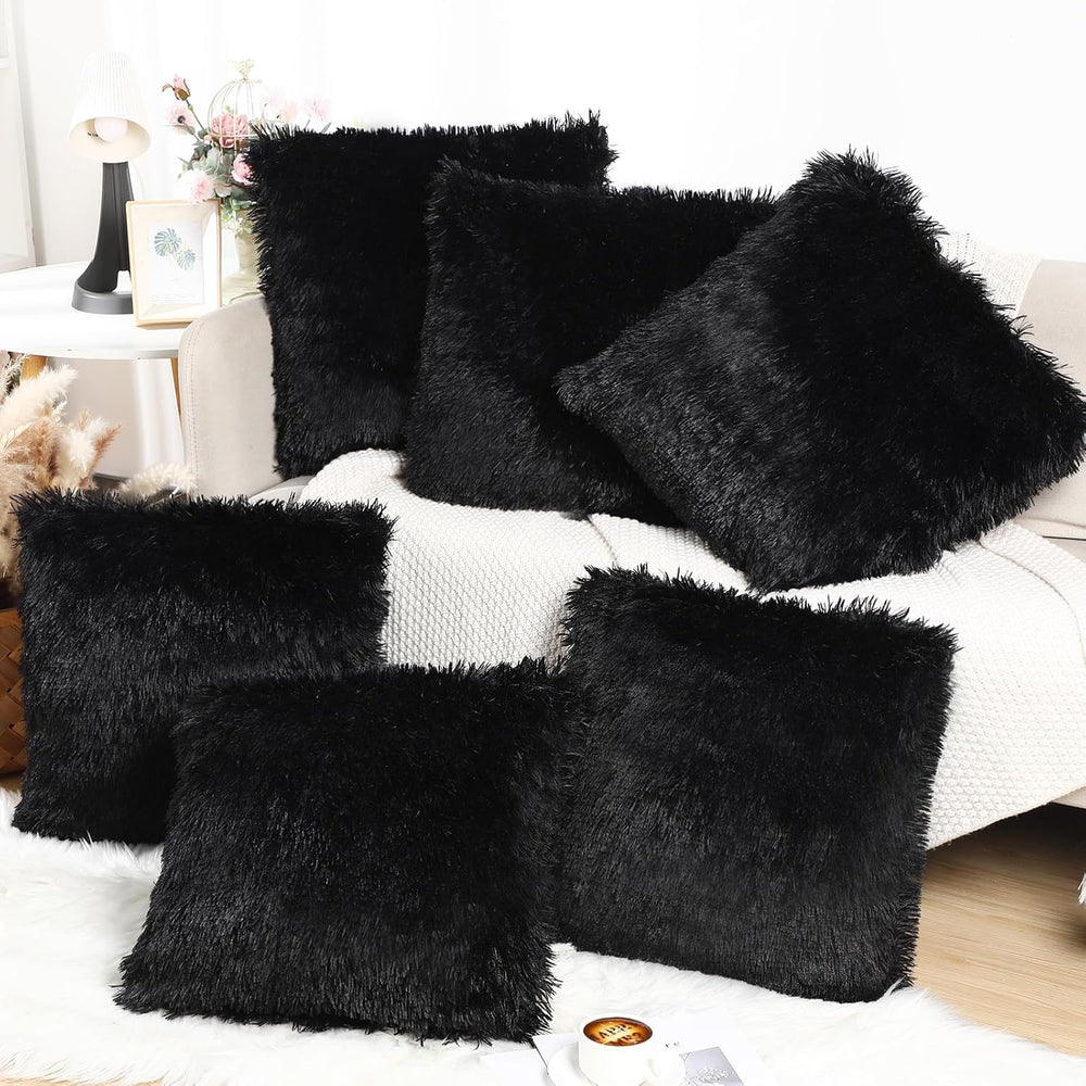 VitalCozy 6 Pcs Fluffy Throw Pillow Covers Faux Fur, Black